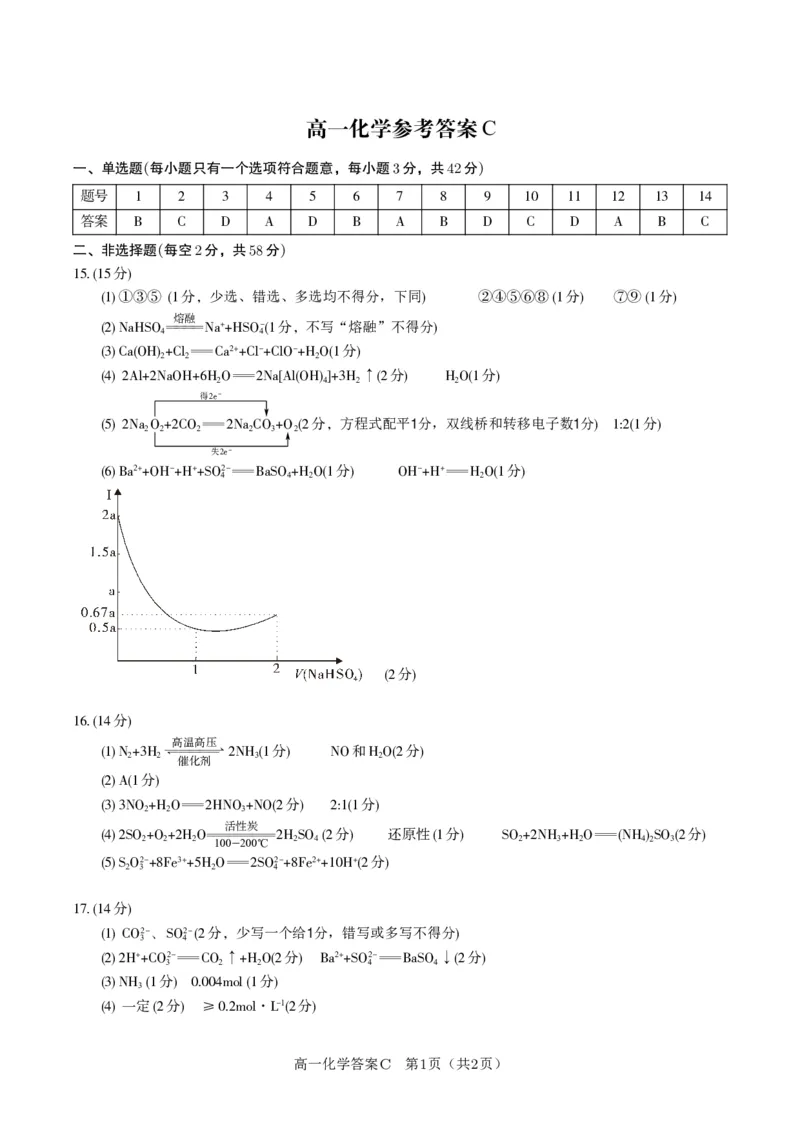 化学答案C&middot;2026年2月高一期末_2026年02月高一试卷_260208安徽省皖江名校联盟2025-2026学年上学期高一期末考试（全）_答案PDF