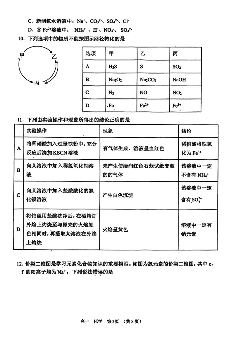 化学试卷_2026年02月高一试卷_260219河南省实验中学2025-2026高一上学期期末（全）_河南省实验中学2025-2026高一上学期期末化学试题含答案