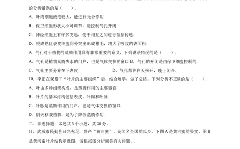 第3单元（第3章）绿色植物与生物圈的水循环（提分小卷）（人教版）（原卷版）_初中全科电子版试卷练习试题_生物_生物人教版7上练习&mdash;24新版已更新