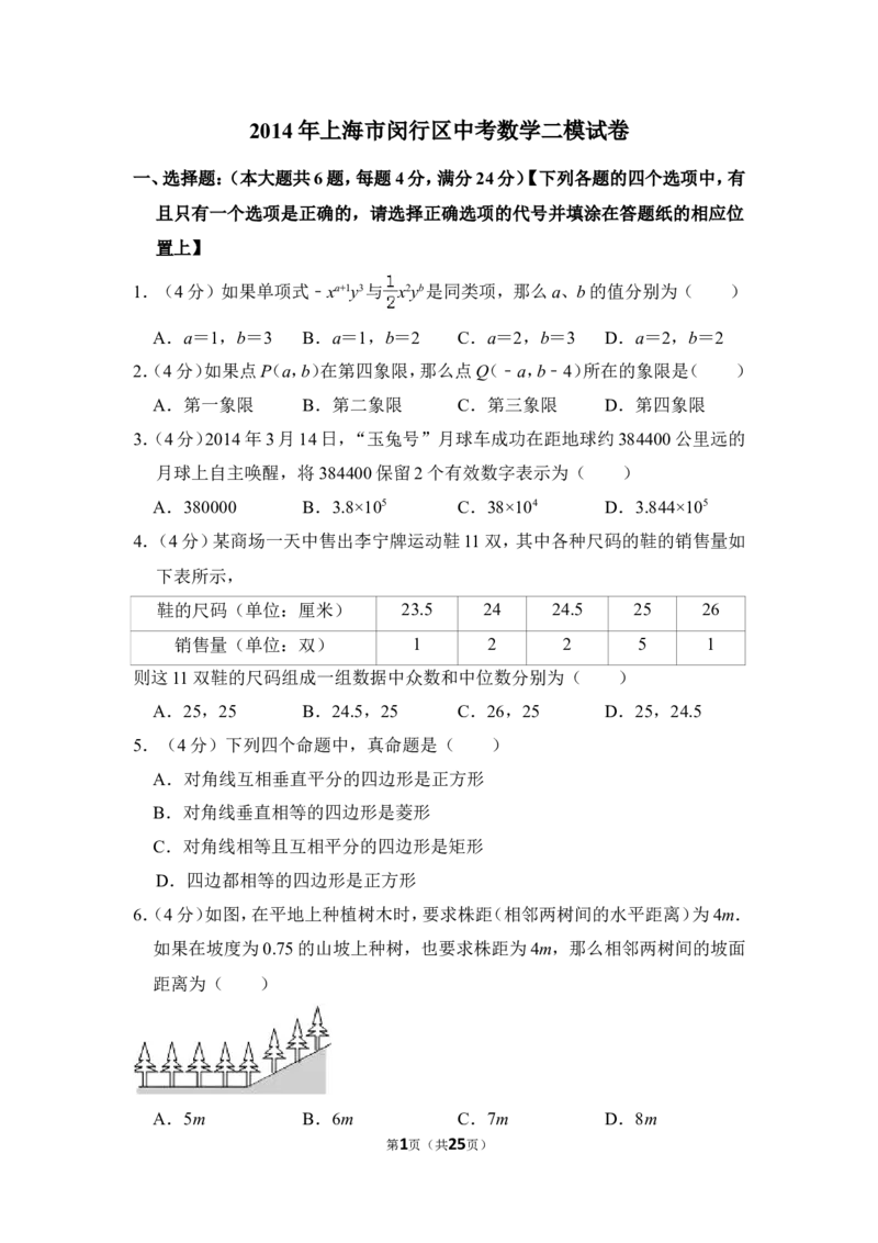 2014年上海市闵行区中考数学二模试卷_0122026上海中考一模二模真题试卷_2025-2012年_2.上海中考数学一模二模（12-24）_二模_2014年上海市中考数学二模试卷（17份）