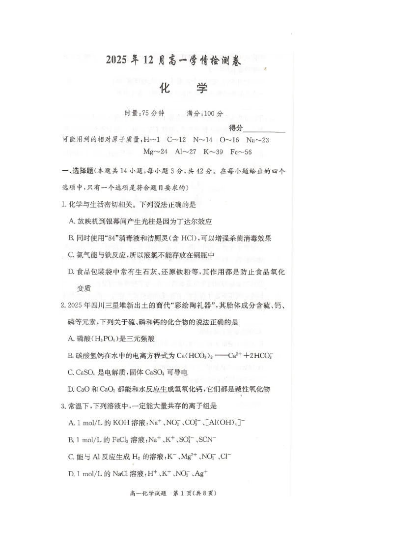 化学试题_2025年12月高一试卷_251219新高考教学教研联盟（长郡20校）高一12月学情检测（全）_湖南省新高考教学教研联盟2025-2026学年高一上学期12月月考化学试题（PDF版，含解析）
