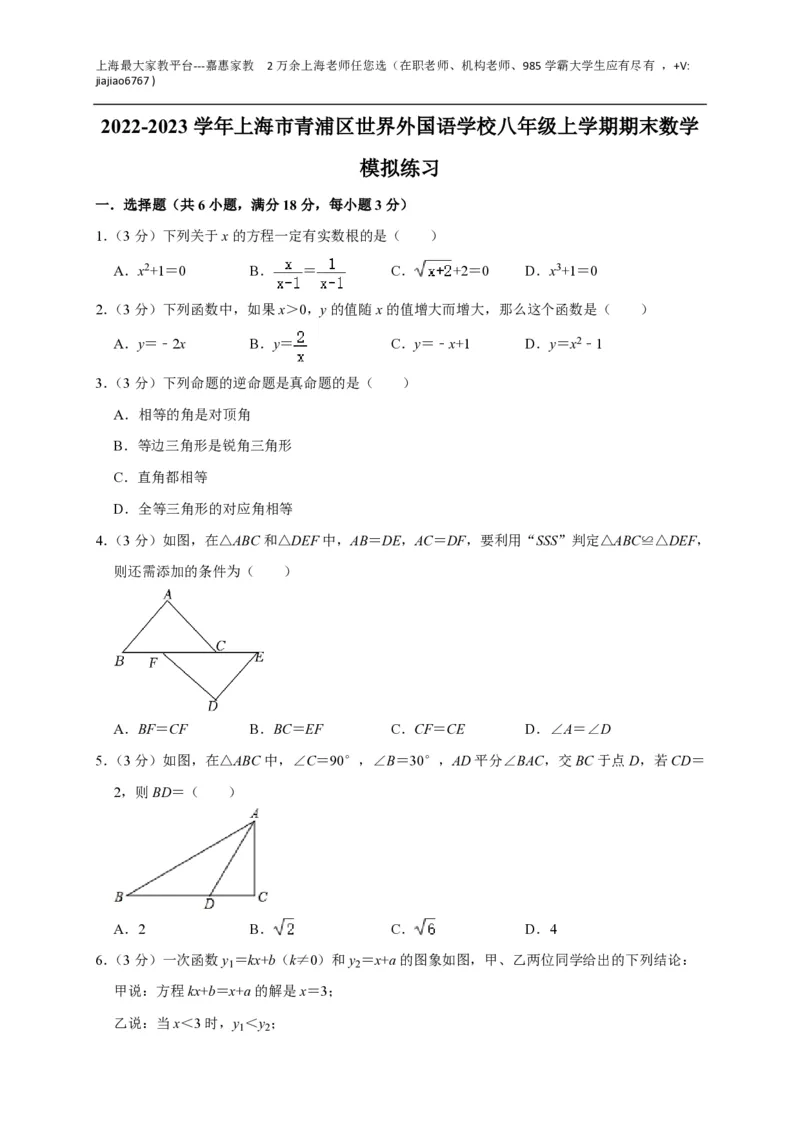 +上海市青浦区世界外国语学校2022-2023学年八年级上学期期末数学模拟练习_0122026上海中考一模二模真题试卷_2026年上海一模_上海1500初中高中试卷_初中_八年级_上学期_3：期末