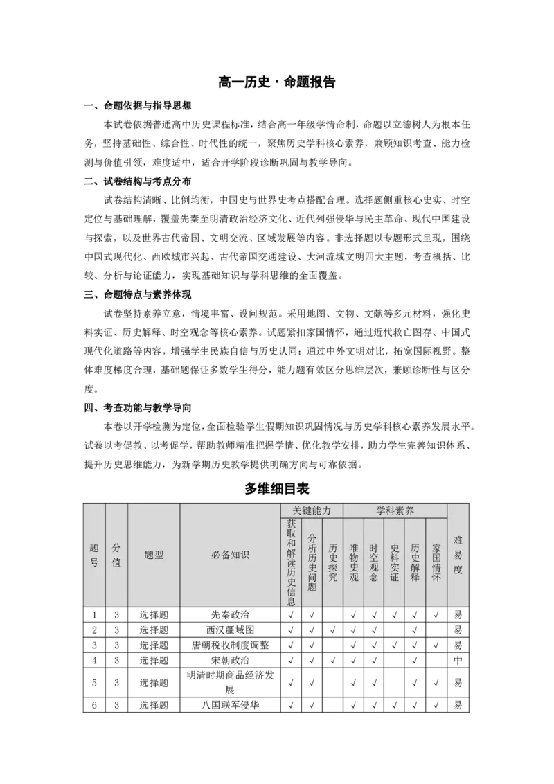 历史高一命题报告_2026年03月高一试卷_260329河南天一大联考2026年高一3月联考（全科）_答案_历史高一答案+评分细则+命题报告3.23-24