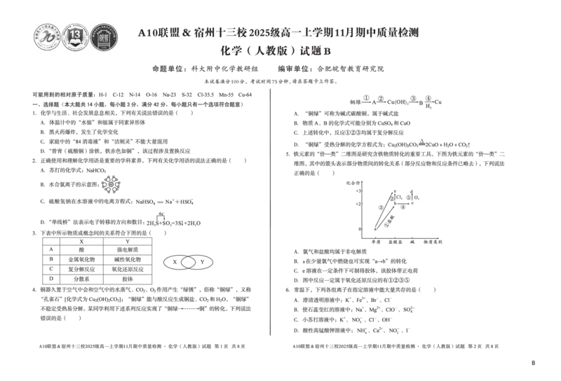 化学（B卷）A10联盟＆宿州十三校2025级高一上学期11月期中质量检测化学（人教版）B_2025年11月高一试卷_251124安徽省A10联盟＆宿州十三校2025级高一上学期11月期中质量检测（全）