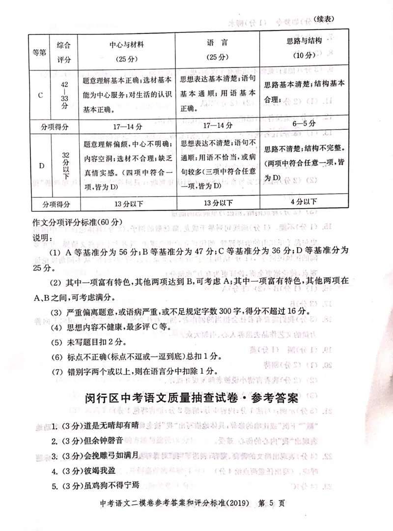 2019上海中考语文二模答案（扫描版）&mdash;&mdash;&mdash;全套13区_0122026上海中考一模二模真题试卷_2025-2012年_1.上海中考语文一模二模（14-24）_二模_2019年上海市中考语文二模试卷（16份）