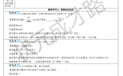 单元重点知识归纳与易错总结_1-6年级下册_R4数下新插图版_R4数下教案+学案_导学案_4小数的意义和性质