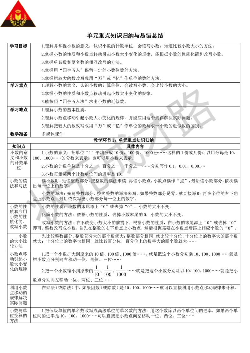 单元重点知识归纳与易错总结_1-6年级下册_R4数下新插图版_R4数下教案+学案_导学案_4小数的意义和性质