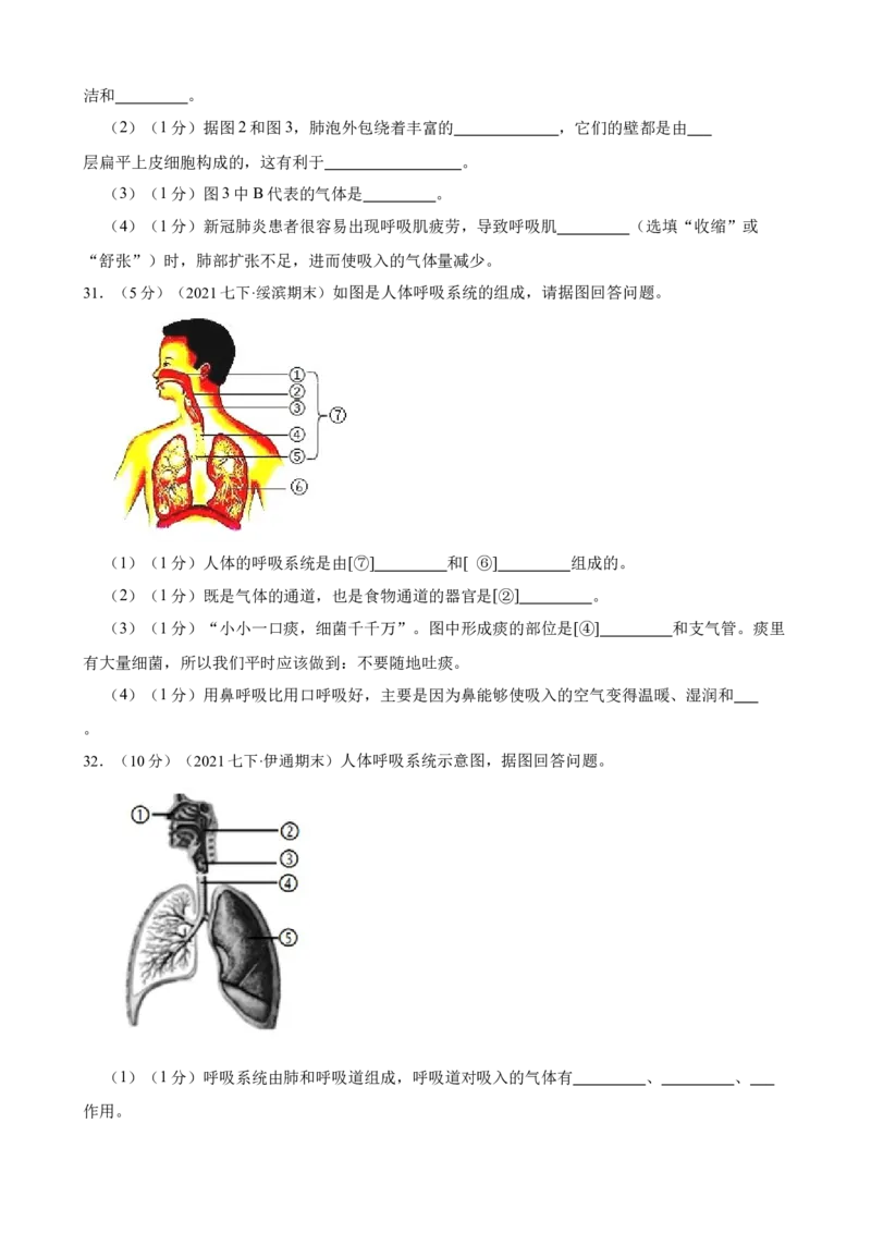 第3章人体的呼吸（人教版）(解析版）_初中全科电子版试卷练习试题_生物_生物人教版7下练习_人教生物7年级下单元试卷33份_第2套七年级生物下册单元试卷（人教版）07份