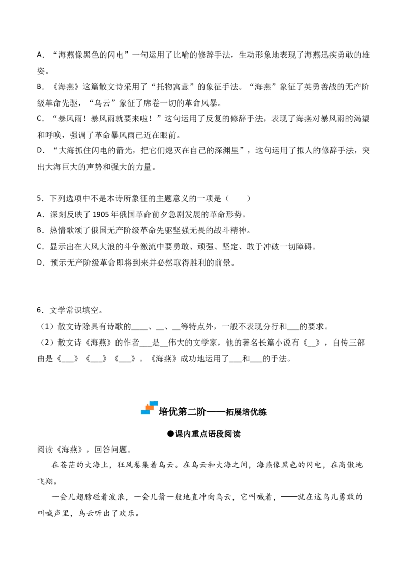 第4课《海燕》-九年级语文下册课后培优分级练（部编版）（原卷版）_初中全科电子版试卷练习试题_语文_9下初中部编版语文练习、试卷_部编语文九年级下课时练习（072份）