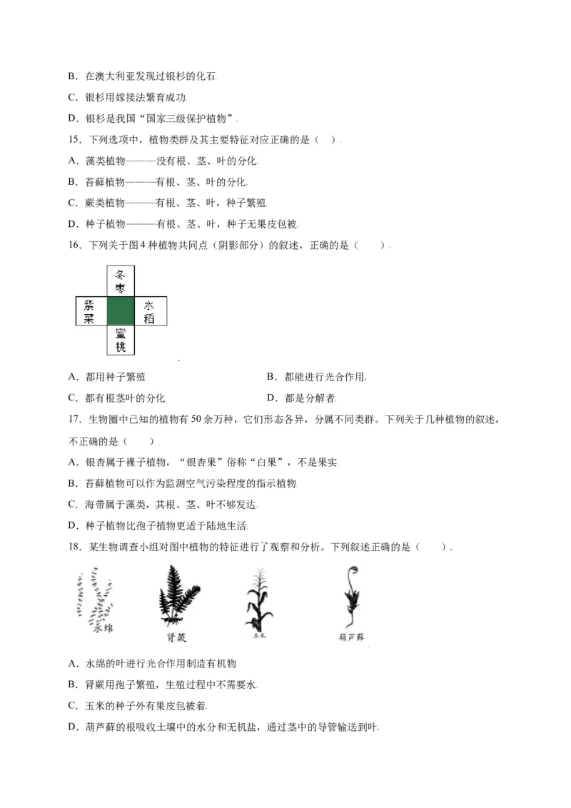 第3单元（第1章）生物圈中有哪些绿色植物（选拔卷）（人教版）（原卷版）_初中全科电子版试卷练习试题_生物_生物人教版7上练习&mdash;24新版已更新_人教生物7年级上单元试卷36份