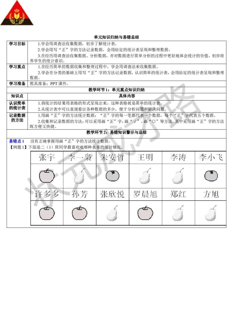 单元知识归纳与易错总结_1-6年级下册_R2数下新插图版_旧教材资源_R2数下教案+学案_导学案_1数据收集整理