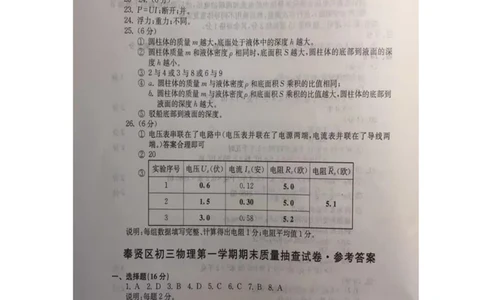 2019中考物理一模答案_0122026上海中考一模二模真题试卷_2025-2012年_4.上海中考物理一模二模（14-24）_一模_2019年上海市中考物理一模试卷（16份）_2019中考物理一模答案
