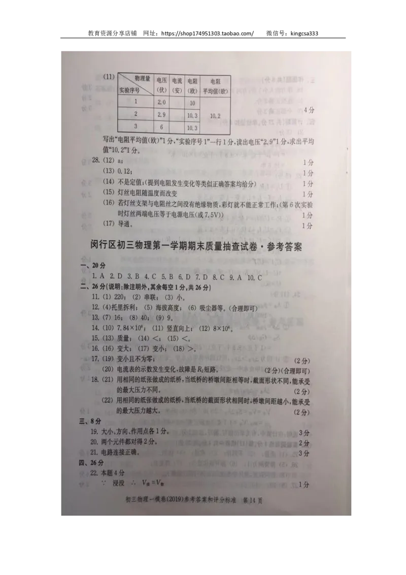2019中考物理一模答案_0122026上海中考一模二模真题试卷_2025-2012年_4.上海中考物理一模二模（14-24）_一模_2019年上海市中考物理一模试卷（16份）_2019中考物理一模答案