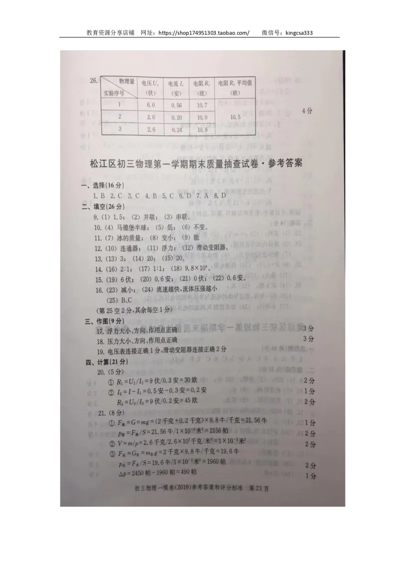 2019中考物理一模答案_0122026上海中考一模二模真题试卷_2025-2012年_4.上海中考物理一模二模（14-24）_一模_2019年上海市中考物理一模试卷（16份）_2019中考物理一模答案