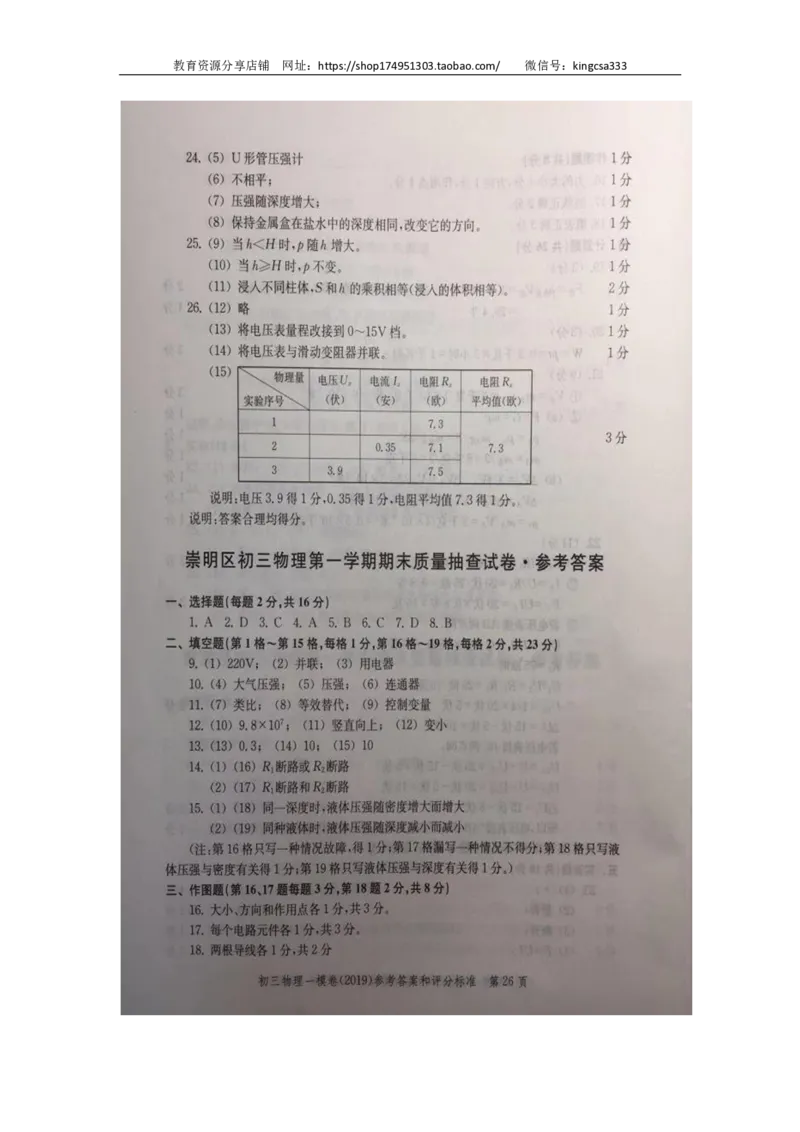 2019中考物理一模答案_0122026上海中考一模二模真题试卷_2025-2012年_4.上海中考物理一模二模（14-24）_一模_2019年上海市中考物理一模试卷（16份）_2019中考物理一模答案