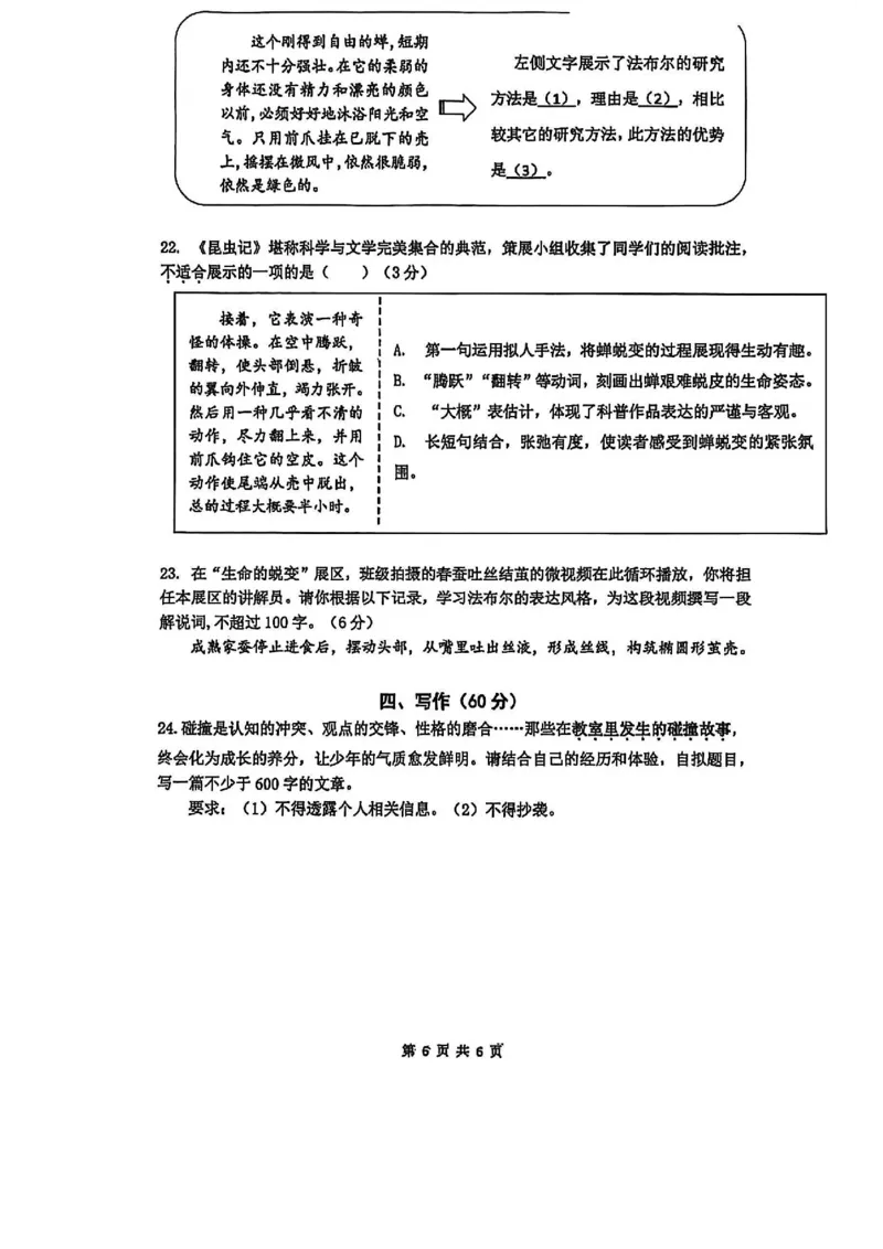 2026上海闵行初三一模语文试卷（原卷）_0122026上海中考一模二模真题试卷_2026年上海一模_上海1500初中高中试卷_闵行区