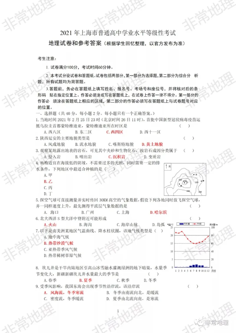 2021年上海市普通高中学业水平等级性考试地理试题（答案版）_0122026上海中考一模二模真题试卷_2026年上海一模_上海1500初中高中试卷_高中_高考真题_8.上海高考地理2023-2014