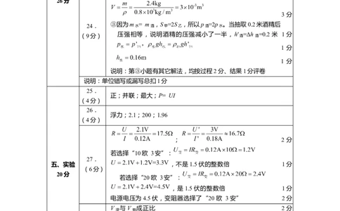 上海市长宁、金山区2020届九年级上学期期末(一模）物理答案（word版）_0122026上海中考一模二模真题试卷_2025-2012年_4.上海中考物理一模二模（14-24）_一模_2020年上海市中考物理一模答案