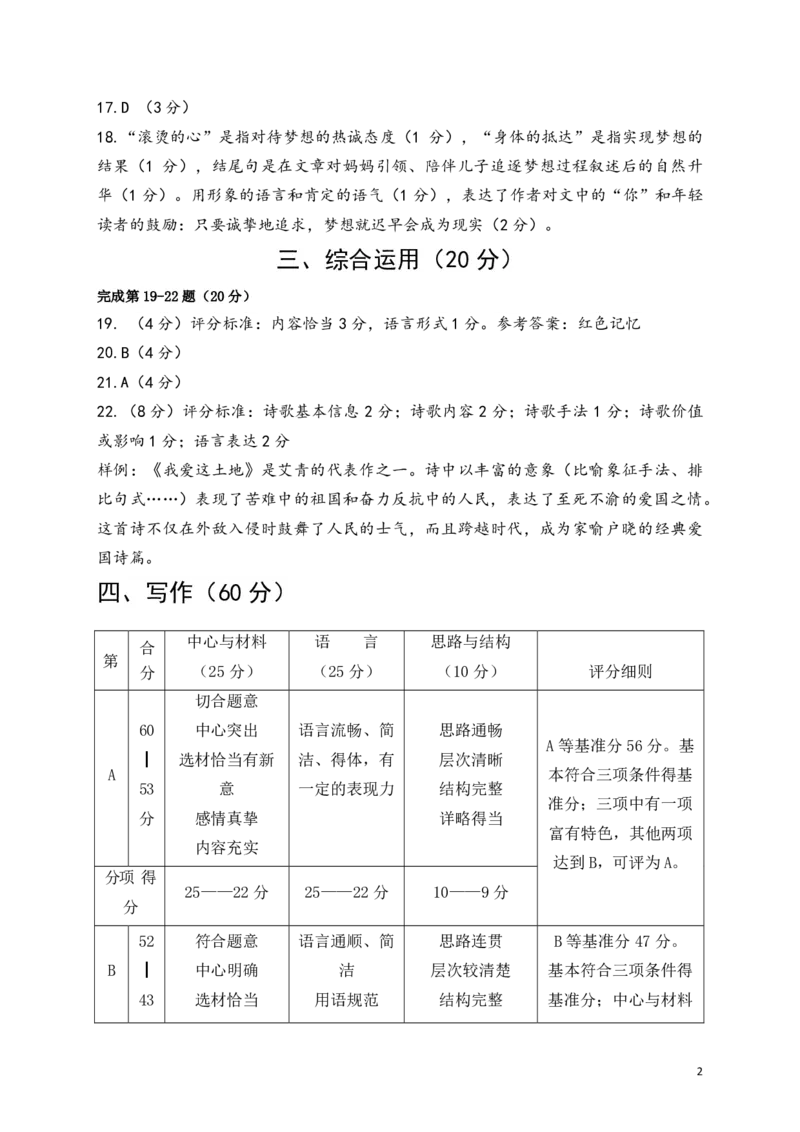 2022徐汇初三二模答案及评分标准_0122026上海中考一模二模真题试卷_2025-2012年_1.上海中考语文一模二模（14-24）_二模_2022年上海市中考语文二模试卷（16区）
