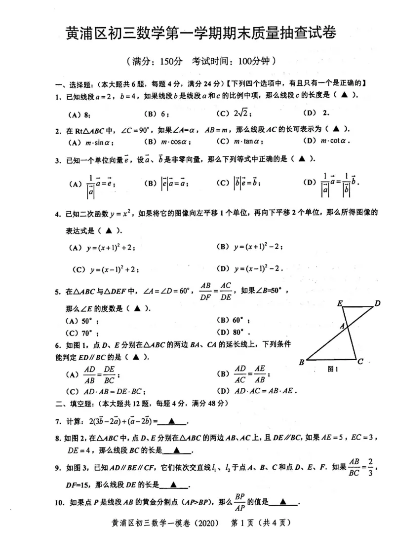 2020上海中考数学一模试卷（扫描版）&mdash;&mdash;&mdash;全套16区_0122026上海中考一模二模真题试卷_2025-2012年_2.上海中考数学一模二模（12-24）_一模_2020年上海市中考数学一模试卷（15份）