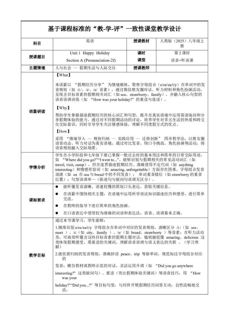 Unit1课时2SectionAPronunciation-2f（教学设计）_最新人教版英语八年级上册_新版_初中英语8上新更新第一套可选择_01.U1-U3.英语8上-教案+PPT课件+导学案+分层作业第1套_Unit1
