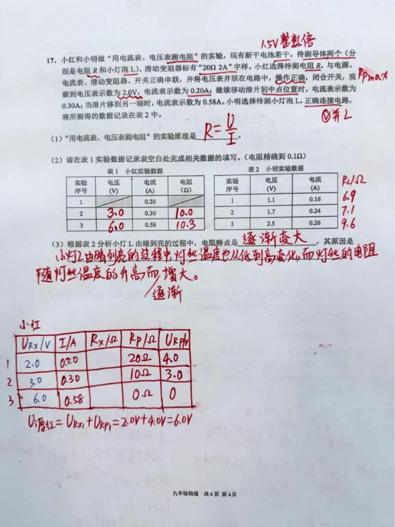 2026上海崇明初三一模物理试卷（手写答案）_0122026上海中考一模二模真题试卷_2026年上海一模_上海1500初中高中试卷_崇明