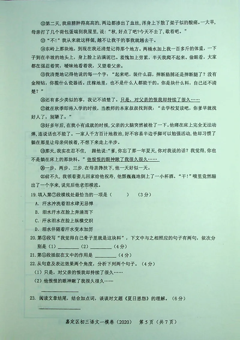 2020上海中考语文一模试卷（彩色扫描版）&mdash;&mdash;&mdash;全套16区_0122026上海中考一模二模真题试卷_2025-2012年_1.上海中考语文一模二模（14-24）_一模_2020年上海市中考语文一模试卷（15份）