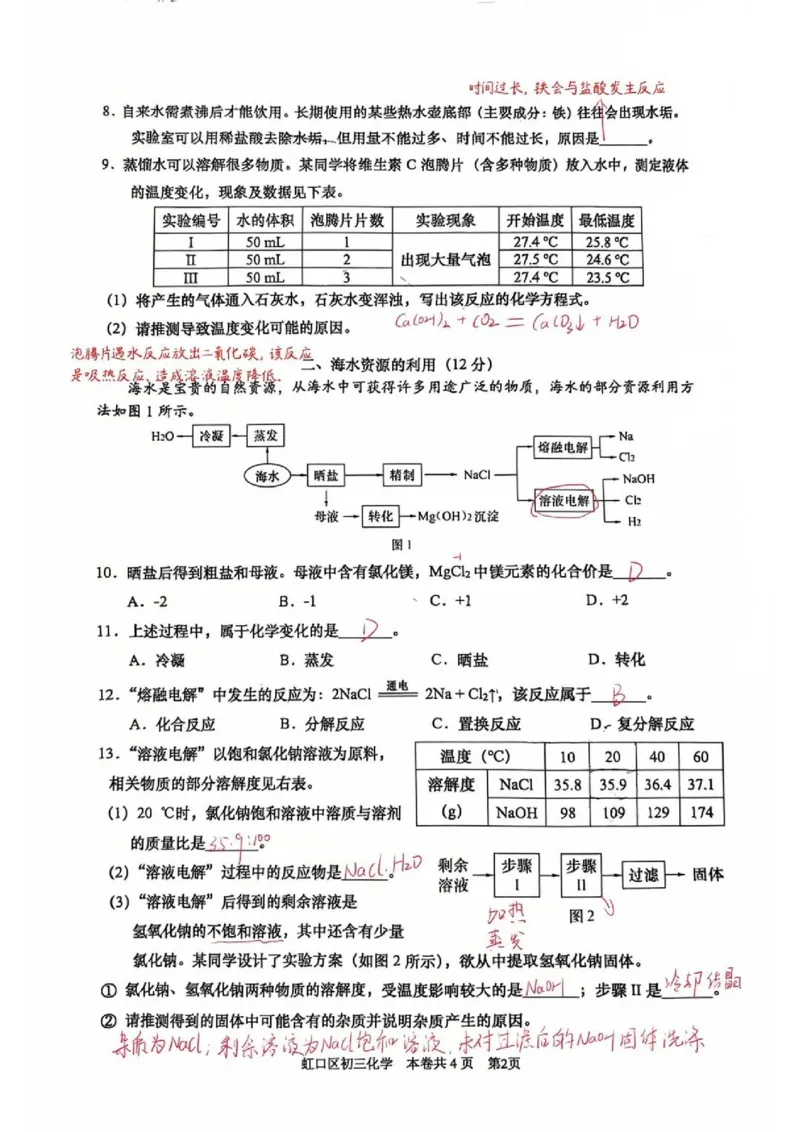 2026上海虹口初三一模化学试卷（手写答案）_0122026上海中考一模二模真题试卷_2026年上海一模_上海1500初中高中试卷_虹口区