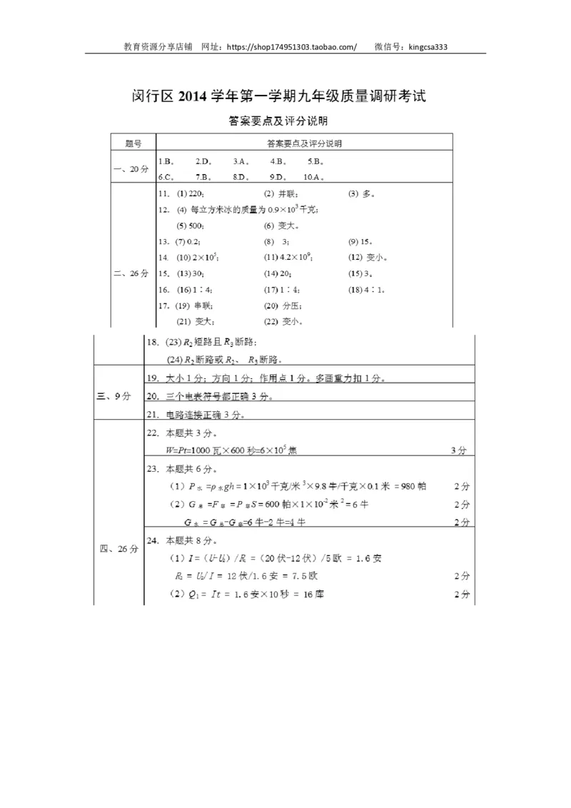 上海市闵行区2015届九年级上学期期末(一模）质量调研物理试题及答案（PDF版）_0122026上海中考一模二模真题试卷_2025-2012年_4.上海中考物理一模二模（14-24）_一模_赠PDF版
