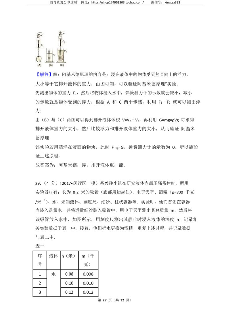 上海市闵行区2017届九年级上学期期末(一模）质量调研物理试题及答案（PDF解析版）_0122026上海中考一模二模真题试卷_2025-2012年_4.上海中考物理一模二模（14-24）_一模_赠PDF版