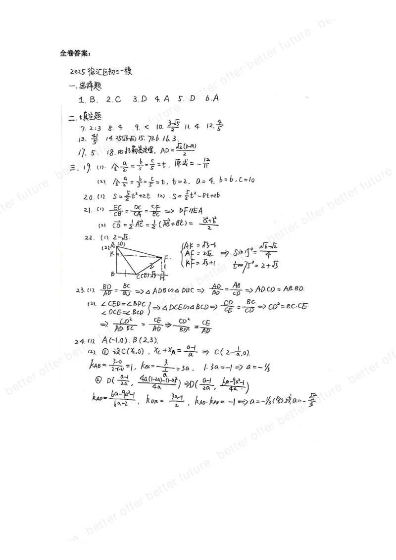 2025徐汇区初三一模数学（解析版）_0122026上海中考一模二模真题试卷_2025-2012年_6.2025年上海一模_分科目整理（试卷及答案）英语听力音频在这里_数学_答案