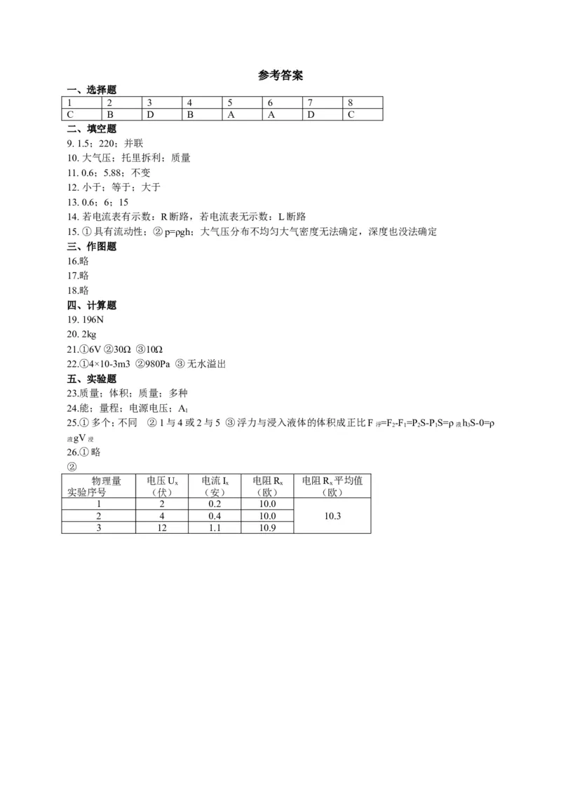 上海市虹口区2018届九年级上学期期末(一模）质量调研物理试题及答案（word版）_0122026上海中考一模二模真题试卷_2025-2012年_4.上海中考物理一模二模（14-24）_一模