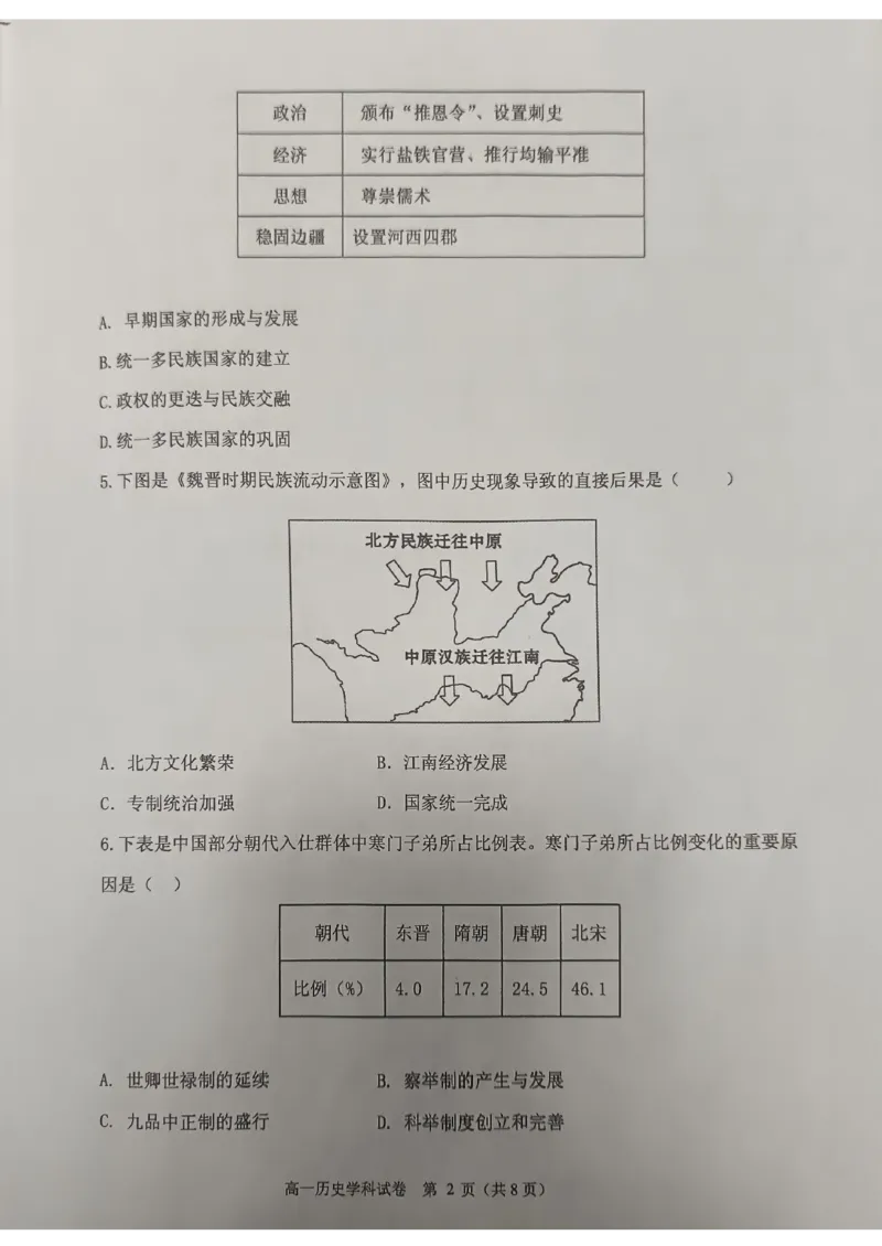 吉林省长春市农安县2024-2025学年高一上学期期中考试历史试题_2024年12月试卷_1205吉林省长春市农安县2024-2025学年高一上学期期中考试