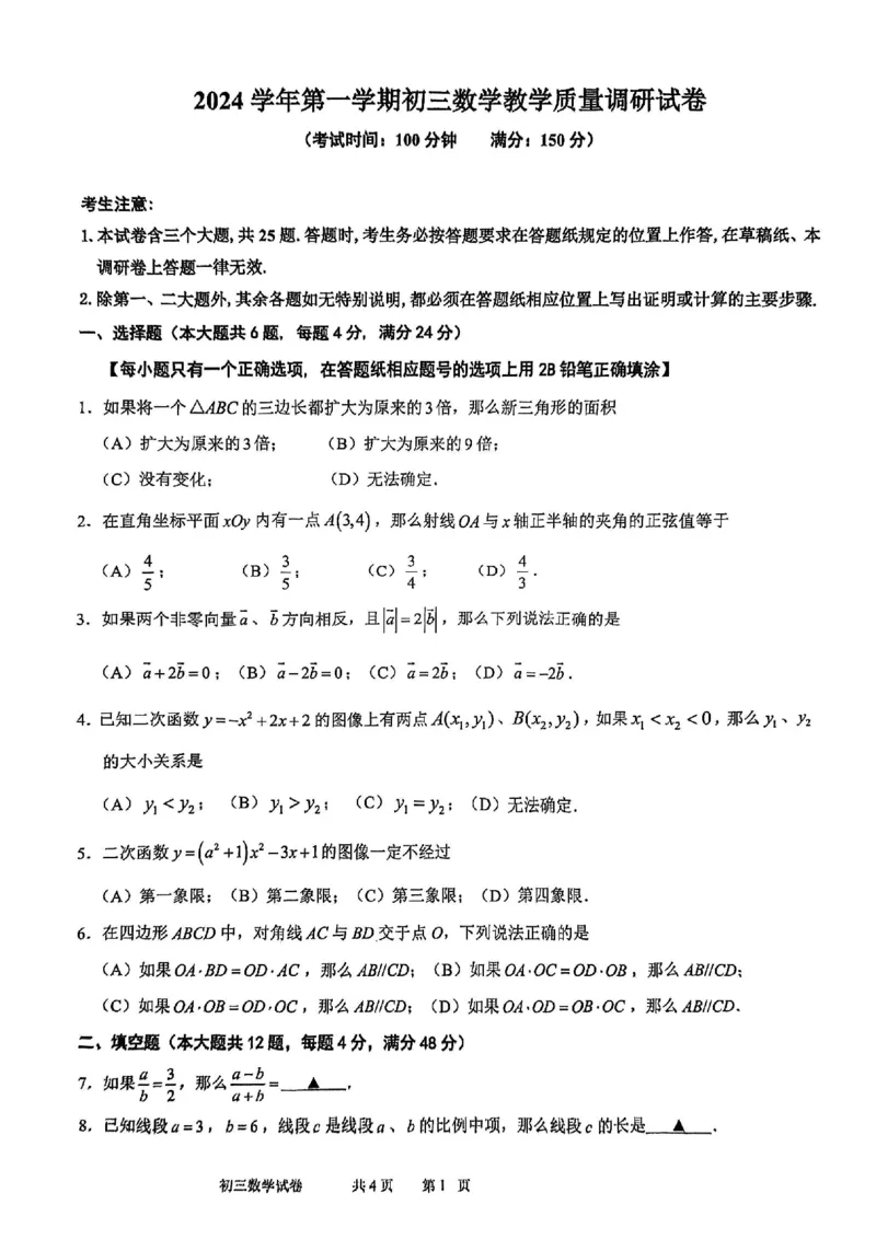2025届长宁区初三一模数学试卷_0122026上海中考一模二模真题试卷_2025-2012年_6.2025年上海一模_分科目整理（试卷及答案）英语听力音频在这里_数学