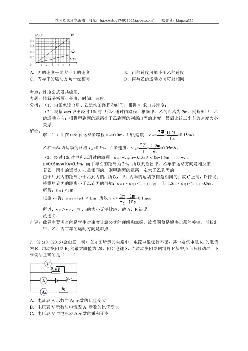 上海市金山区2015届九年级4月质量调研（二模）物理试题及答案（PDF解析版）_0122026上海中考一模二模真题试卷_2025-2012年_4.上海中考物理一模二模（14-24）_二模_赠PDF版