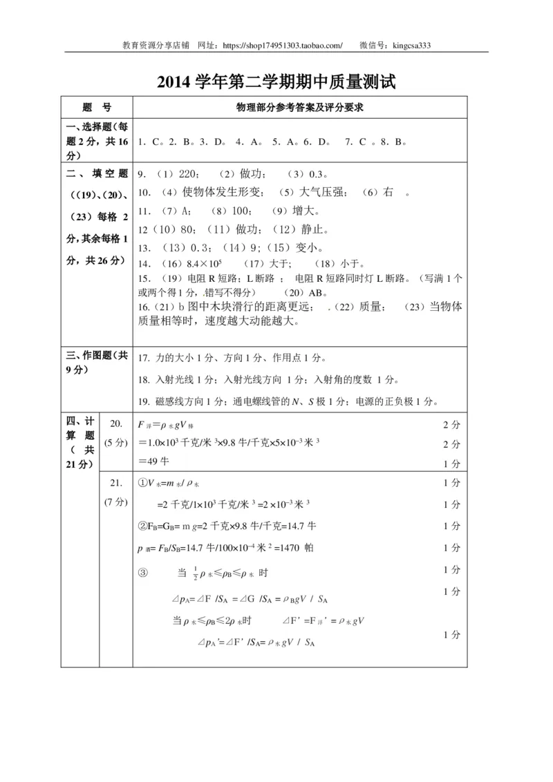 上海市金山区2015届九年级4月质量调研（二模）物理试题及答案（PDF解析版）_0122026上海中考一模二模真题试卷_2025-2012年_4.上海中考物理一模二模（14-24）_二模_赠PDF版