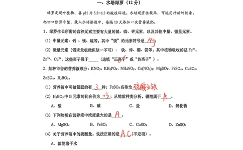 2026上海普陀初三一模化学试卷（手写答案）_0122026上海中考一模二模真题试卷_2026年上海一模_上海1500初中高中试卷_普陀区