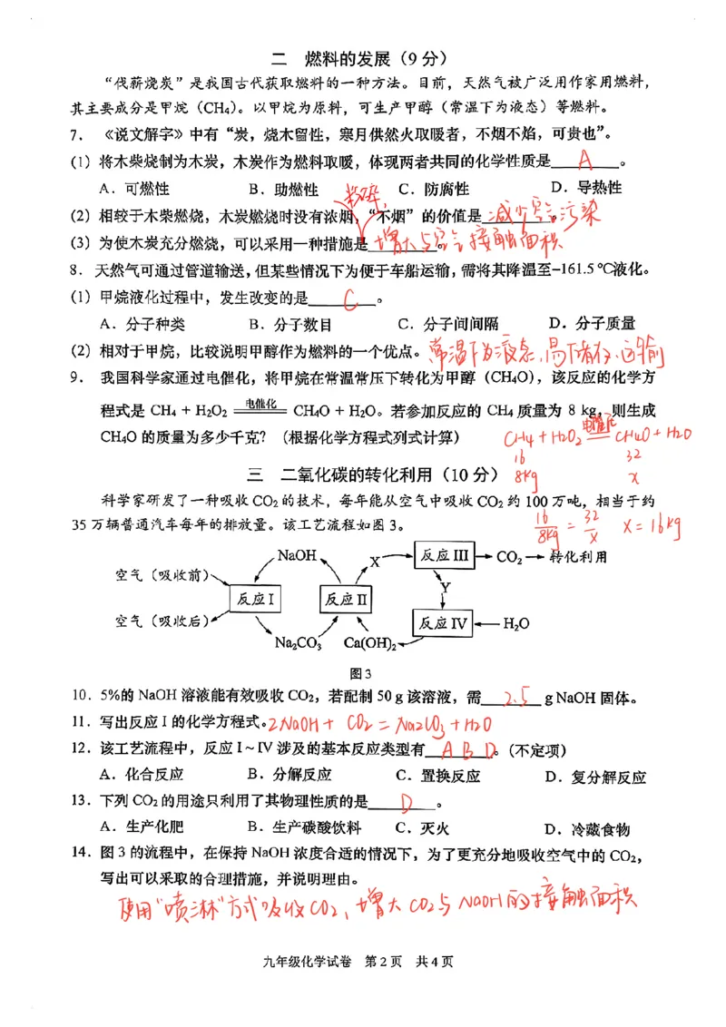 2026上海初三化学一模静安闵行金山青浦四区联考（手写答案）_0122026上海中考一模二模真题试卷_2026年上海一模_上海1500初中高中试卷_金山区