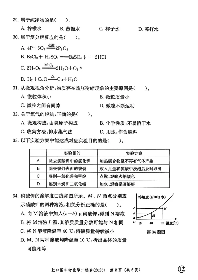 2025上海中考化学二模试卷_0122026上海中考一模二模真题试卷_2025-2012年_7.2025年上海二模_化学