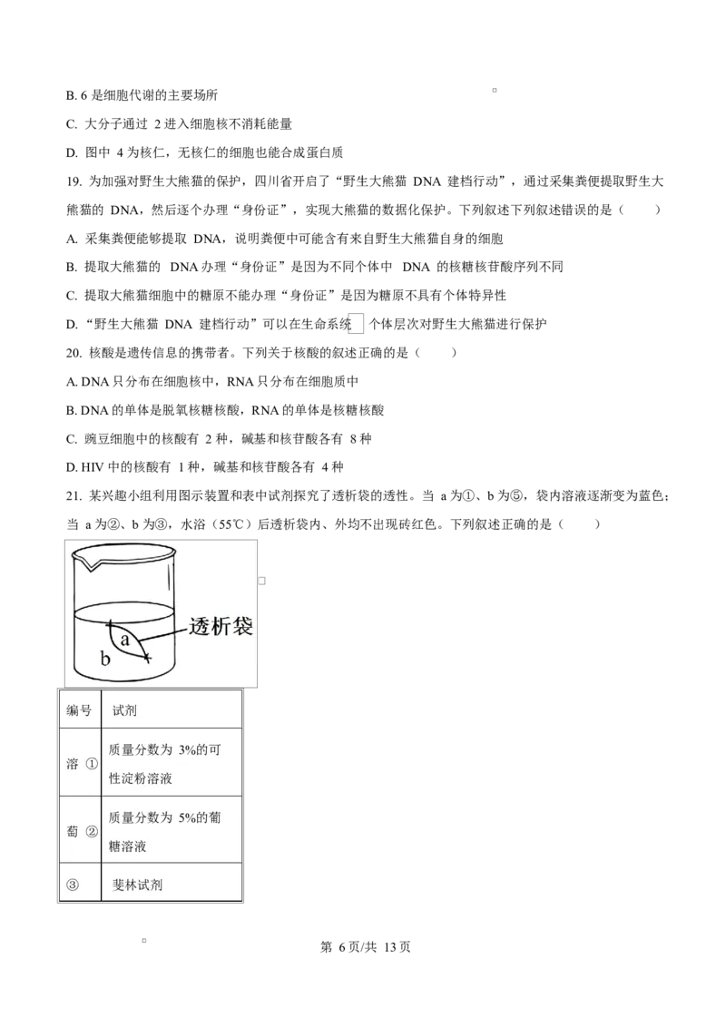 四川省达州市第一中学2025-2026学年高一上学期第二次月考生物试题（原卷版）_2026年01月高一试卷_260102四川省达州市第一中学校2025-2026学年高一上学期第二次月考（全）