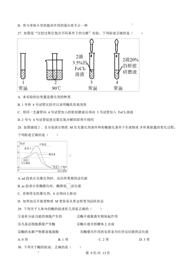 四川省达州市第一中学2025-2026学年高一上学期第二次月考生物试题（原卷版）_2026年01月高一试卷_260102四川省达州市第一中学校2025-2026学年高一上学期第二次月考（全）