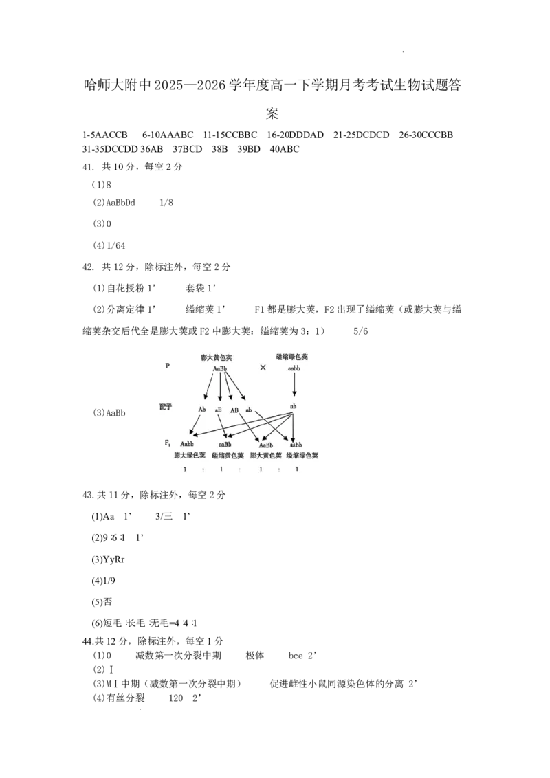 哈尔滨市哈师大附中2025&mdash;2026学年度高一下学期4月月考生物答案_2026年04月高一试卷_260413黑龙江哈尔滨市哈师大附中2025&mdash;2026学年度高一下学期4月月考（全科）