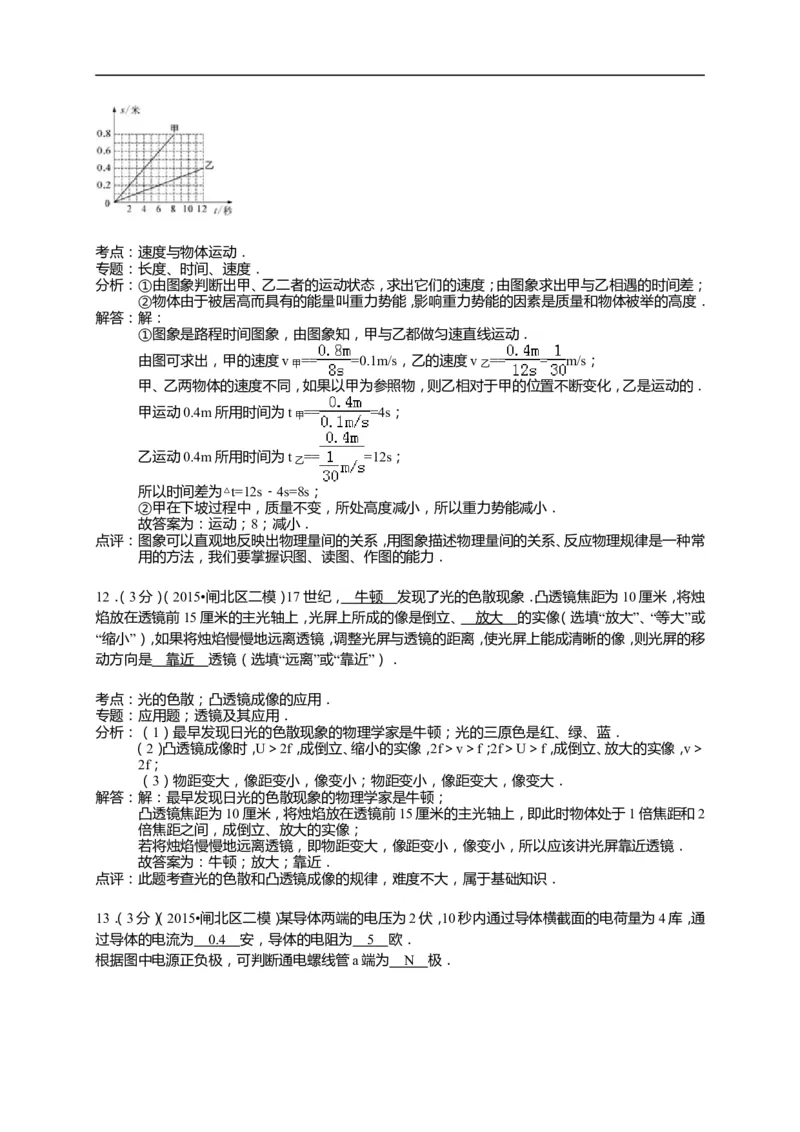 上海市闸北区2015届九年级4月质量调研（二模）物理试题及答案（word解析版）_0122026上海中考一模二模真题试卷_2025-2012年_4.上海中考物理一模二模（14-24）_二模