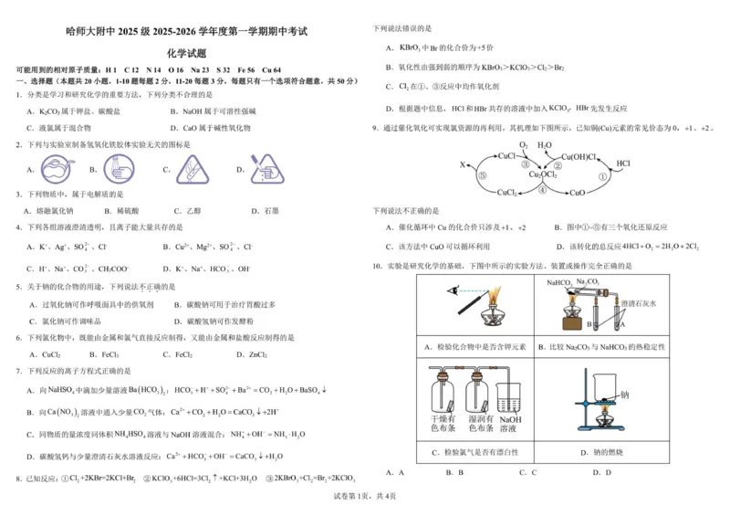 哈师大附中2025级2025-2026学年度第一学期期中考试化学试题_2025年12月高一试卷_251208黑龙江省哈尔滨市师范大学附属中学2025-2026学年高一上学期期中考试（全）