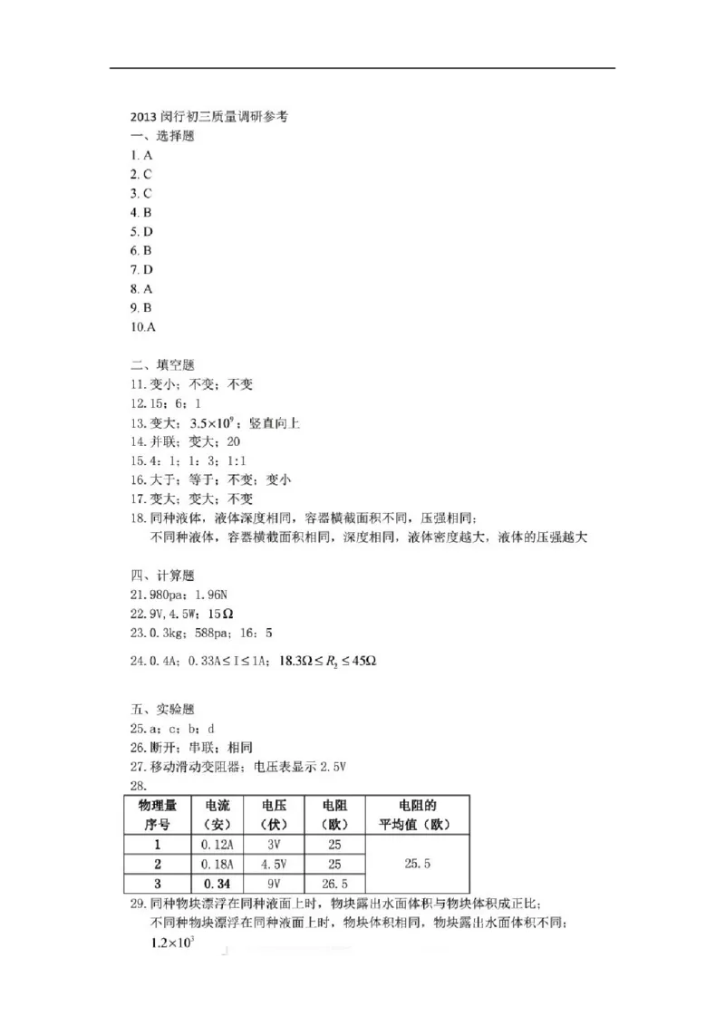 上海市闵行区2014届九年级上学期期末(一模）质量调研物理试题及答案（word版）_0122026上海中考一模二模真题试卷_2025-2012年_4.上海中考物理一模二模（14-24）_一模