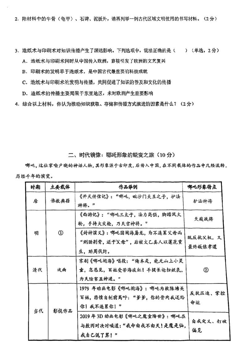 2026上海浦东新初三一模历史试卷（原卷）_0122026上海中考一模二模真题试卷_2026年上海一模_上海1500初中高中试卷_浦东新区
