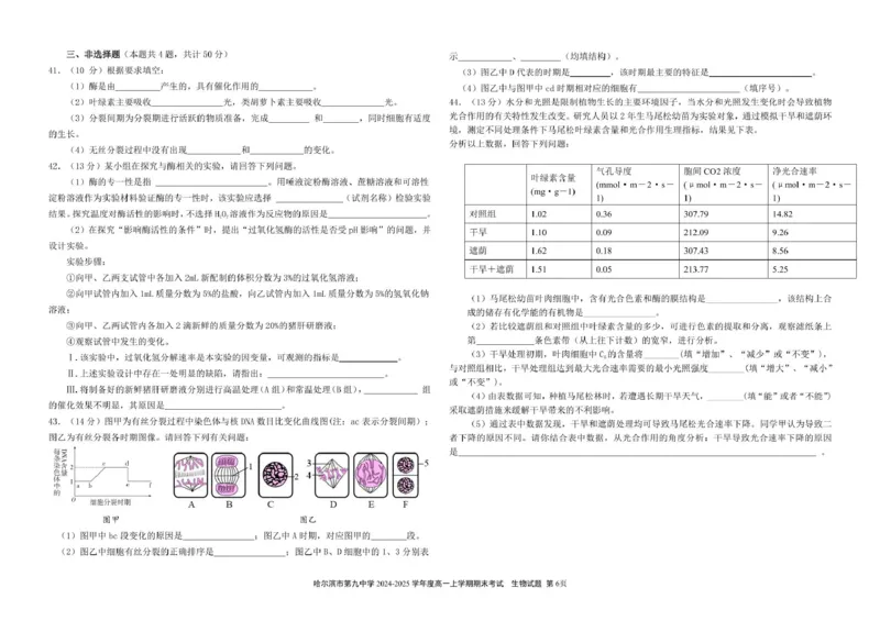 哈尔滨市第九中学校2024-2025学年高一上学期期末考试生物试卷（图片版）_2025年01月试卷_0115黑龙江省哈尔滨市第九中学2024-2025学年高一上学期期末考试