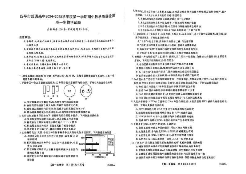 吉林省四平市普通高中2024-2025学年高一上学期期中教学质量检测生物试题_2024年11月试卷_1117吉林省四平市普通高中2024-2025学年高一上学期期中考试