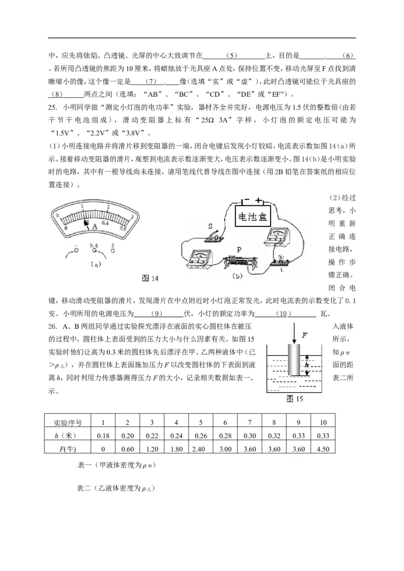 上海市奉贤区2015届九年级4月质量调研（二模）物理试题及答案（word版）_0122026上海中考一模二模真题试卷_2025-2012年_4.上海中考物理一模二模（14-24）_二模