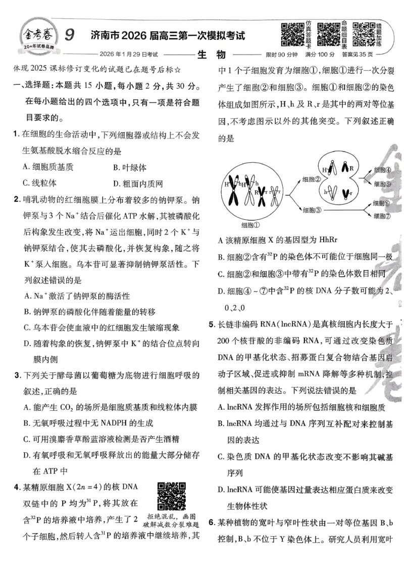 2026生物金考卷特快专递第6期《一模精选卷》试题册_第六期物化生_2026生物金考卷特快专递第6期《一模精选卷》